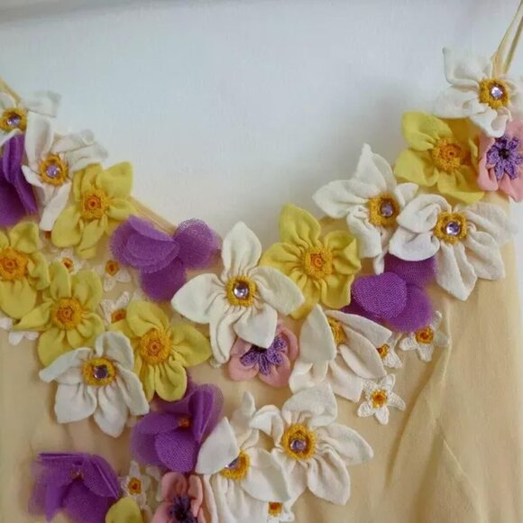 MOSCHINO IVORY LEMON 3D FLOWER APPLIQUES BEADED SILK SLIP DRESS USA 12 IT46 PURP - Picture 6 of 13